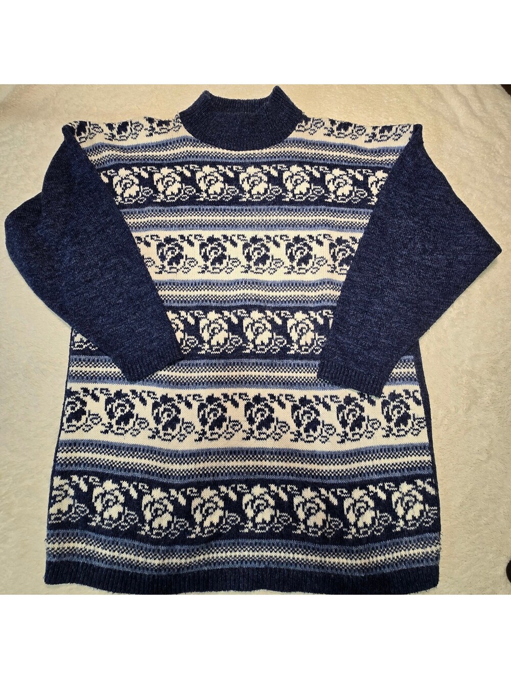 Vtg 90s Dana Scott Blue Floral Rose Pattern Mock Neck Knit Sweater Medium USA